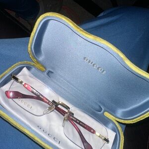 Gucci Rimless Sunglasses in Burgundy and Gold Trim